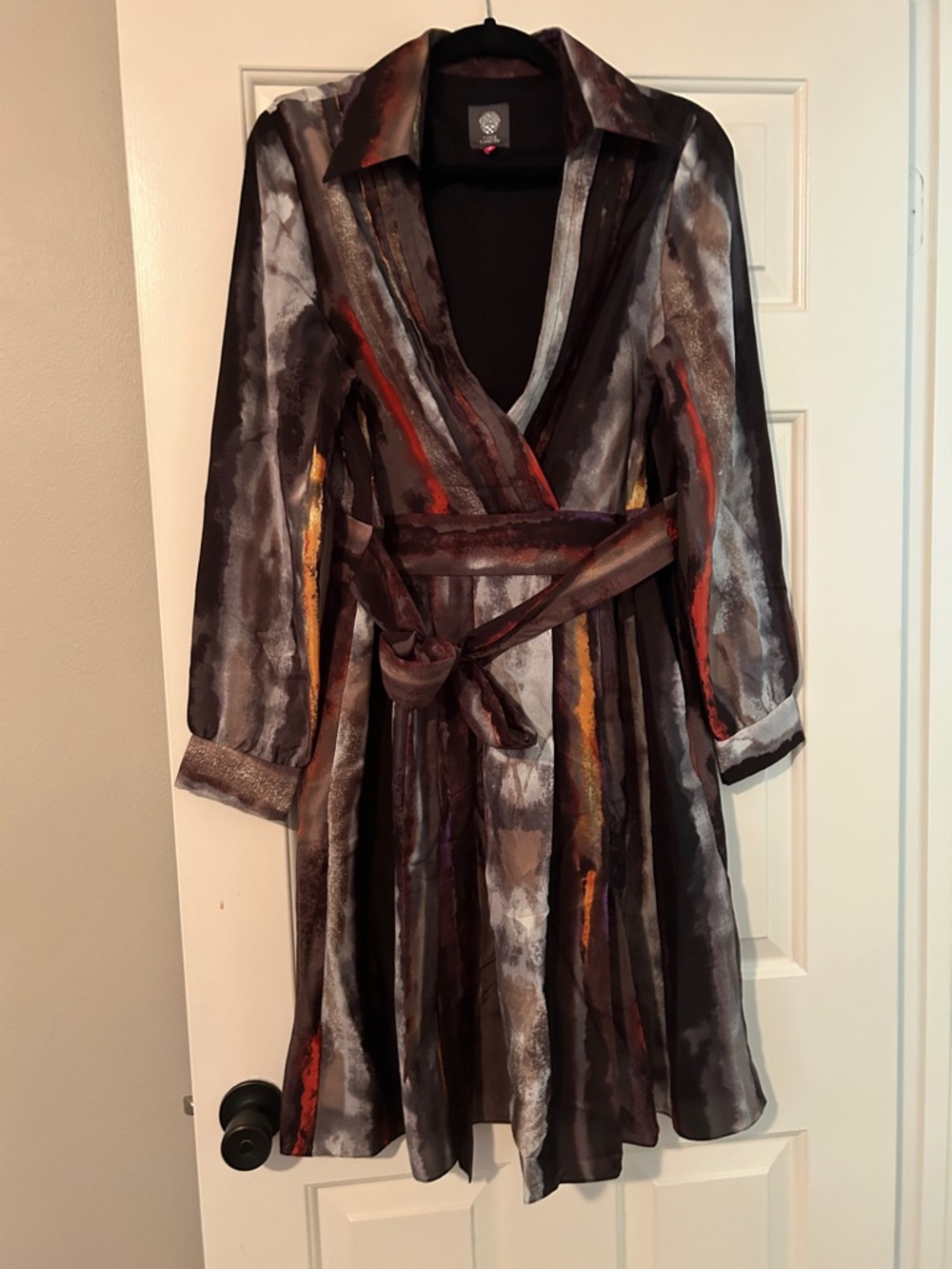 Vince Camuto Brown Wrap Dress with Red, Yellow and Gray Painterly Stripes